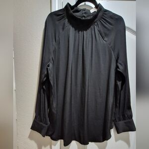 LOFT Black Satin High Neck Blouse Size Large Elegant Flowy Top EUC